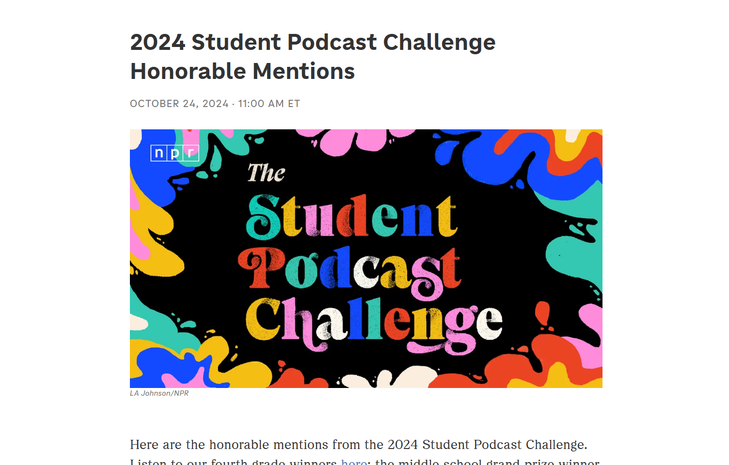 A screenshot of the NPR Student Podcast Challenge Honorable Mentions webpage with a colorful title graphic.
