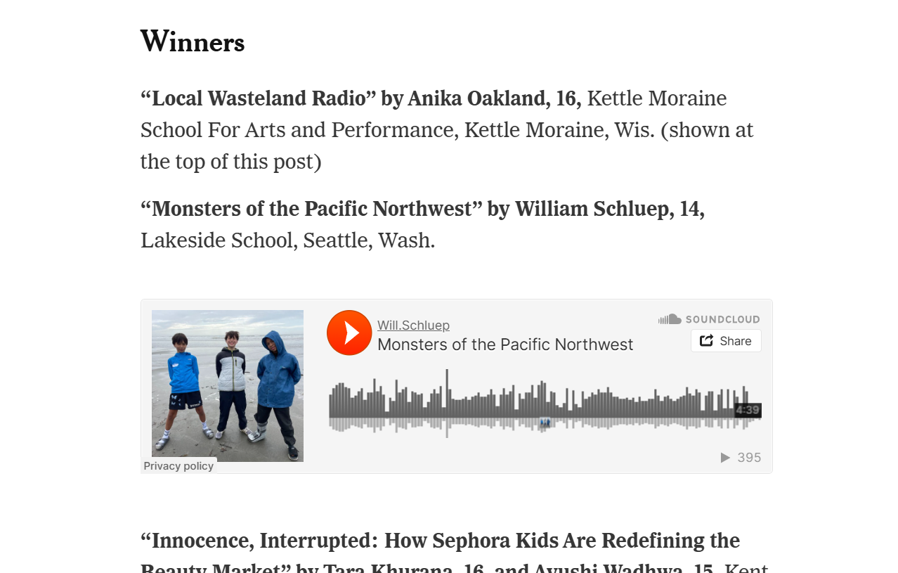 A screenshot of the winners webpage for the New York Times Podcast Contest with the names of podcasts including "Local Wasteland Radio" and "Monsters of the Pacific Northwest"