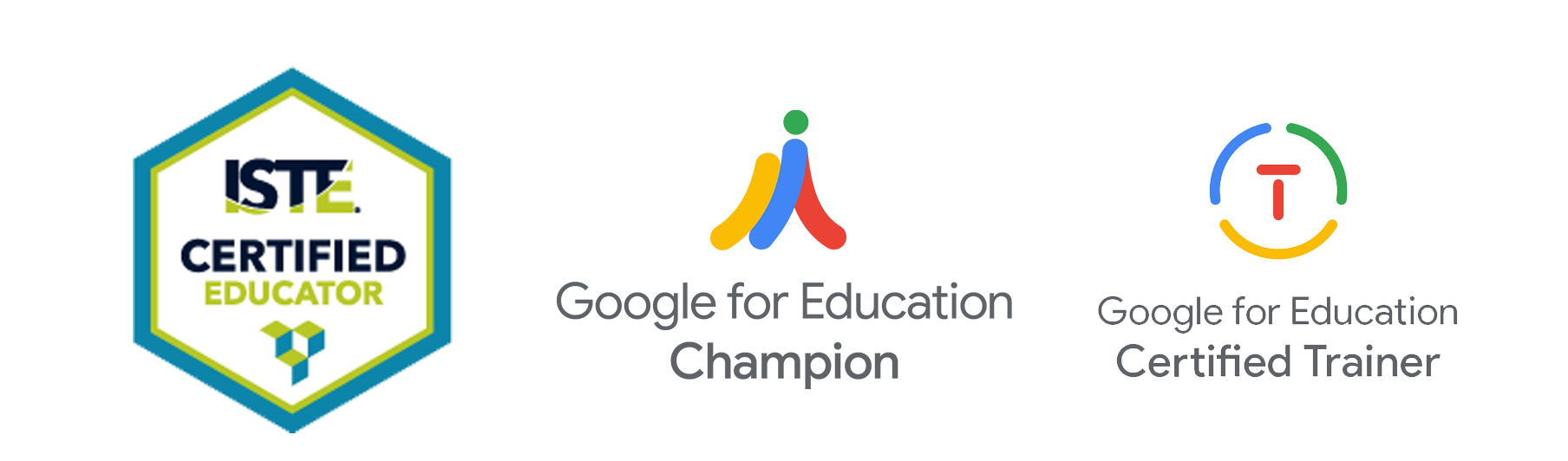 Badges for ISTE Certified Educator, Google for Education Champion, Google for Education Certified Trainer, Unreal Accelerator 2022, Soundtrap for Education Producer, Formative Certified Educator, and EdPuzzle Coach 2022-2023